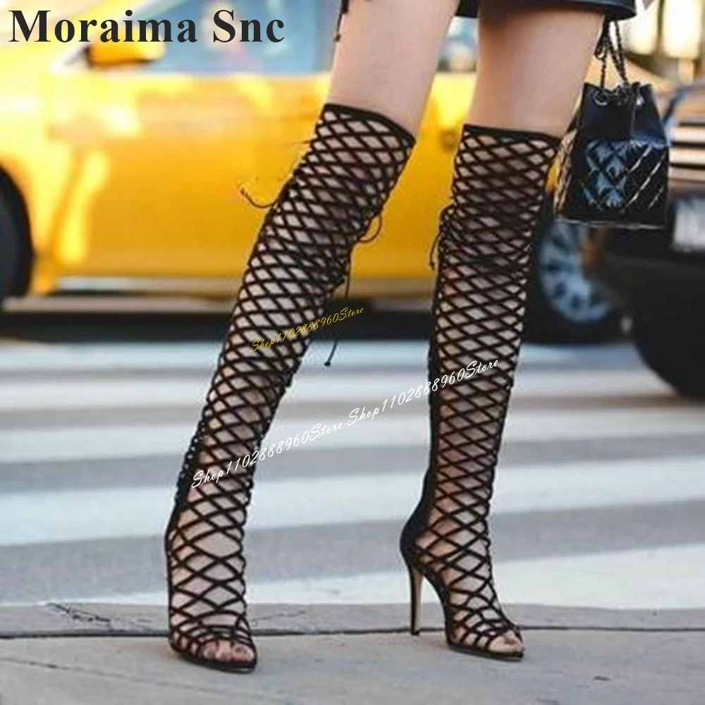 Over The Knee Black Net String Trending Sandal Boots Thin High Heel Women Shoes Back Zipper Peep Toe 2024 Zapatos Para Mujere