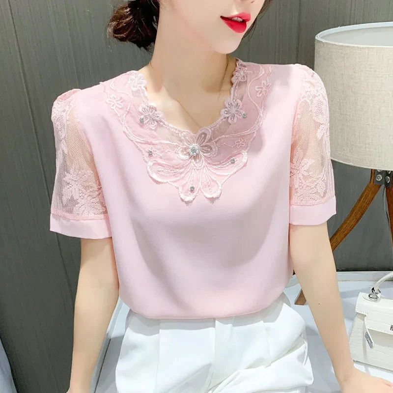 Spring And Summer New Chiffon Shirt Ladies Short Sleeve Fashion Blouse Loose Joker T-shirt Ladies Slim Solid Color Simple Top