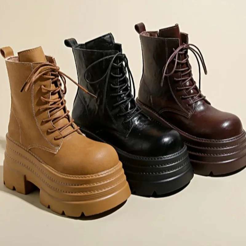 

10.5CM Women's Platform Boots Women's Fashion Designer Motorcycle Boots Wedge Heels Chunky Leather Punk Gothic Boots Botas Mujer
