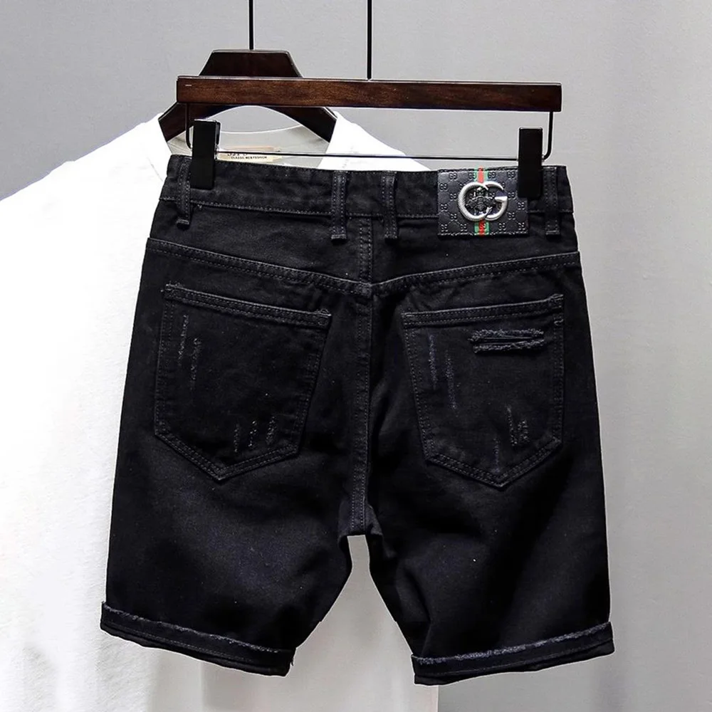 Denim Shorts Black Summer Mens Ripped Jeans Ink Splash Retro Shorts Trendy Straight Casual Streetwear Men'S Denim Shorts 2024