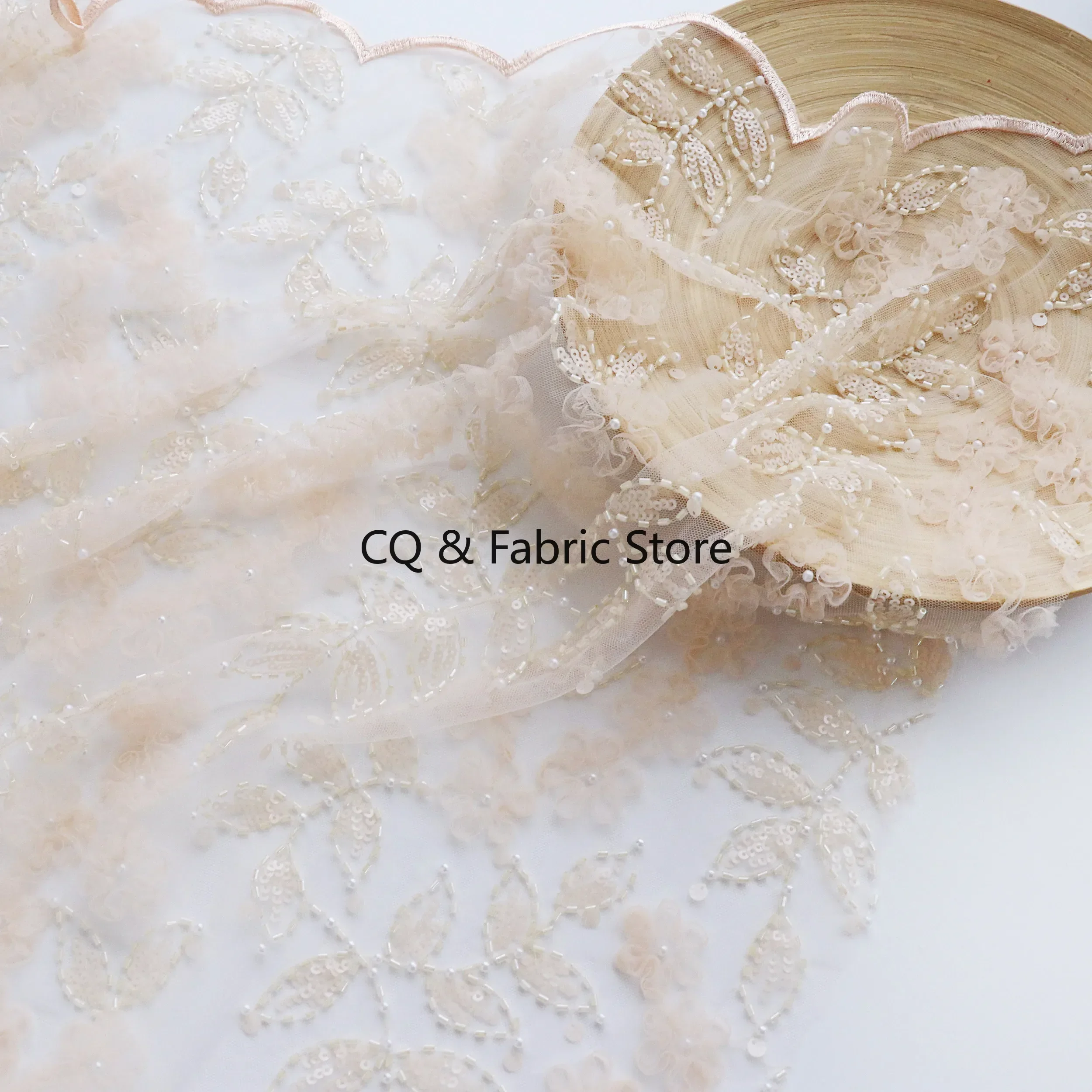 Apricot Pink Mesh Embroidered Beaded Flower Lace Fabric Custom Wedding Dress Cheongsam Skirt Designer High-End Fabric
