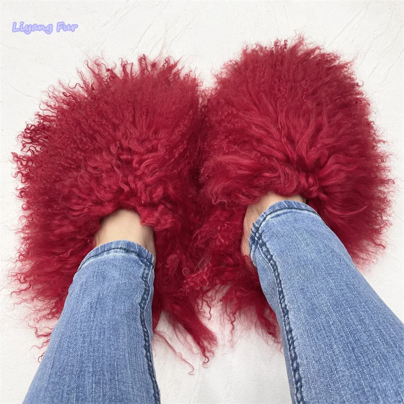 

Wholesale Luxury New Fashion Flat Bottom Fluffy Fuzzy Shoes Long Sheepskin Slides Fall Winter Women Sheep Mongolian Fur Slipper