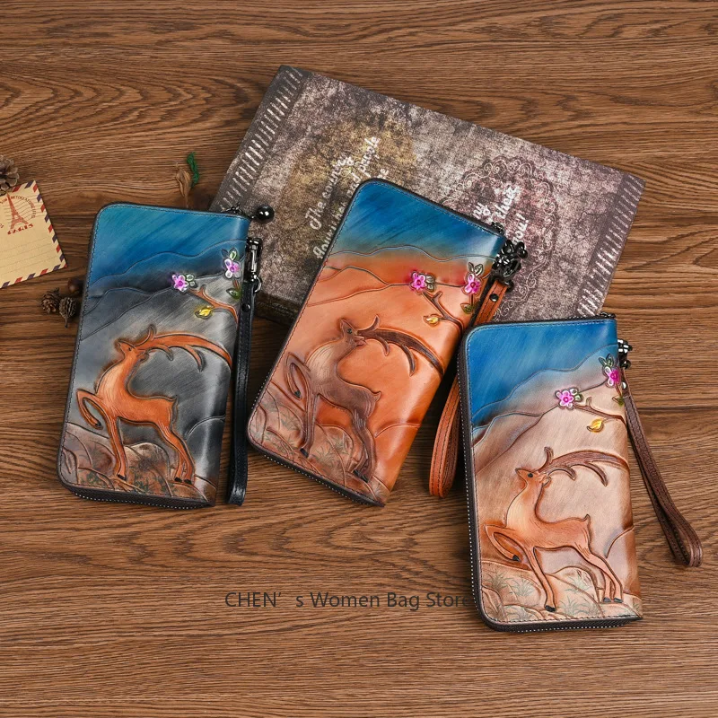 

Genuine Leather Long Wallet Women Deer Embossed & Hand-Painted Phone Pocket Purse Vintage Zipper Coin Bag