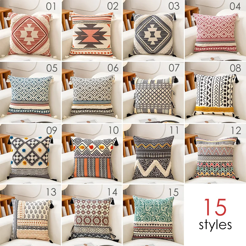Bohemia Embroidery Cushion Cover Brown Boho Ethnic Style Geometric Floral Pillow Cover With Tassels 45x45cm Home Decor