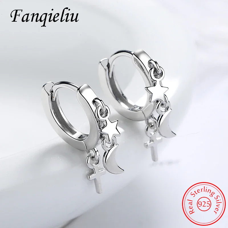 Fanqieliu High Quality New Jewelry 925 Sterling Silver Vintage Moon Star Cross Hoop Earrings For Women FQL20495