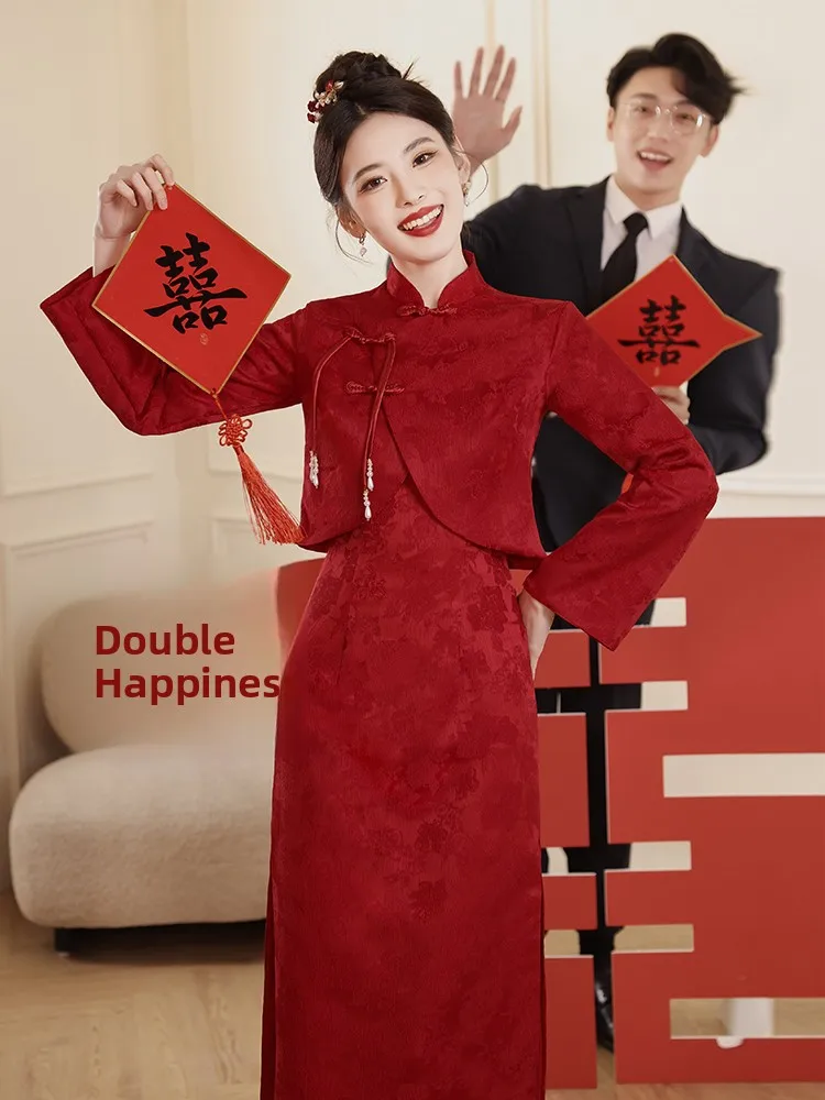 

Red Wedding Dr Suit Chinese Sle Engagement Ceremony New Bride Qipao Cus-Made Formal Wear Polyester Fiber