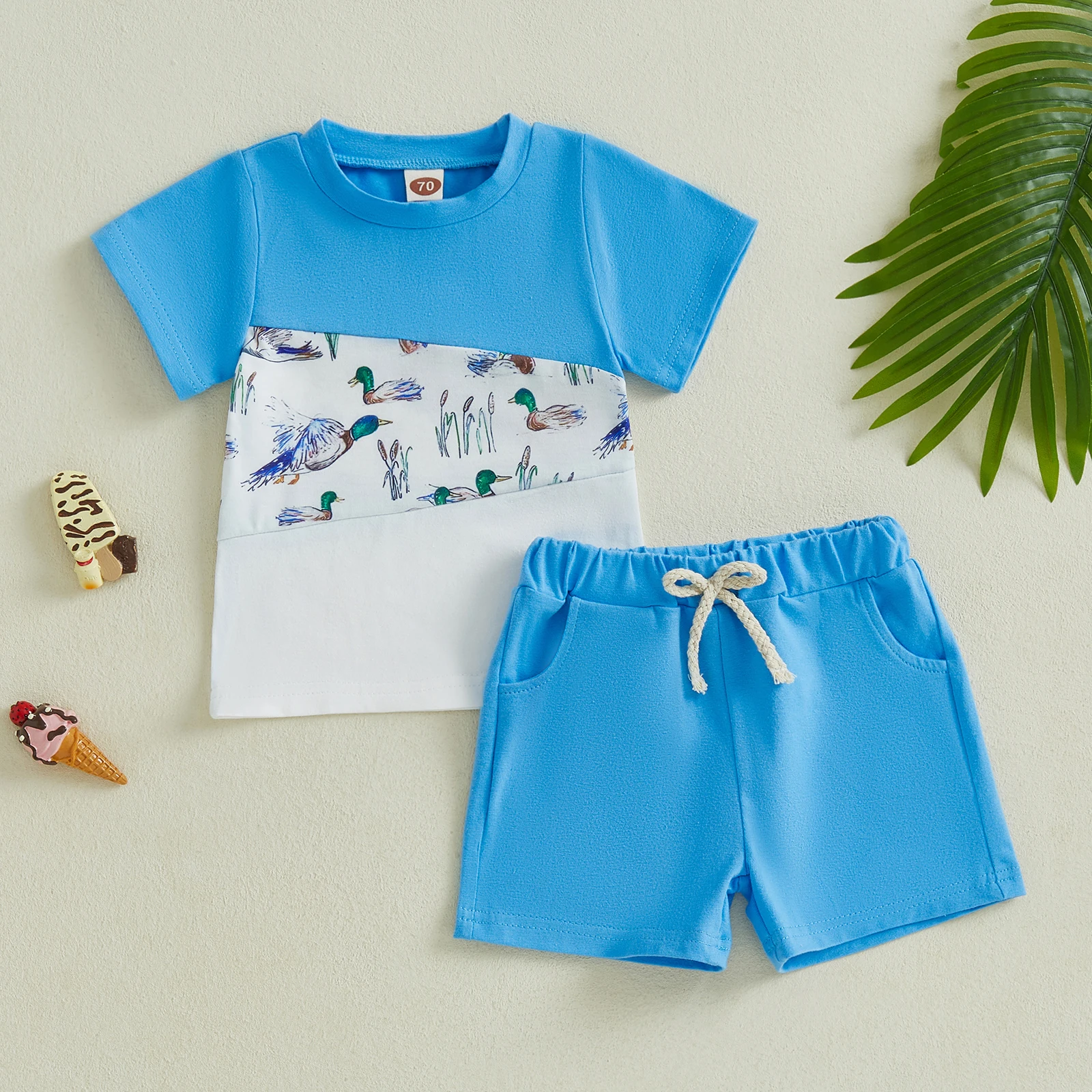 

Детский наряд «Утка» для маленьких мальчиков, контрастные футболки с короткими рукавами, однотонные шорты с эластичной резинкой на талии, летний комплект из 2 предметов для малышей