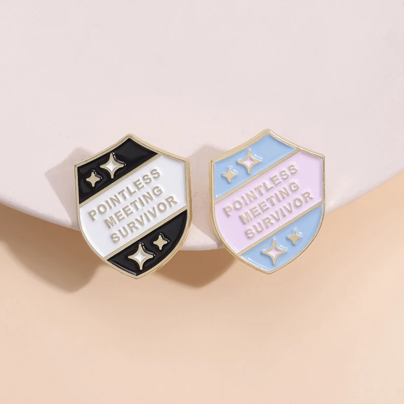 Pointless Meeting Survivor Letters Enamel Pins Custom Cartoon Games Shield Brooches Lapel Badges Jewelry Gifts For Kids Friends