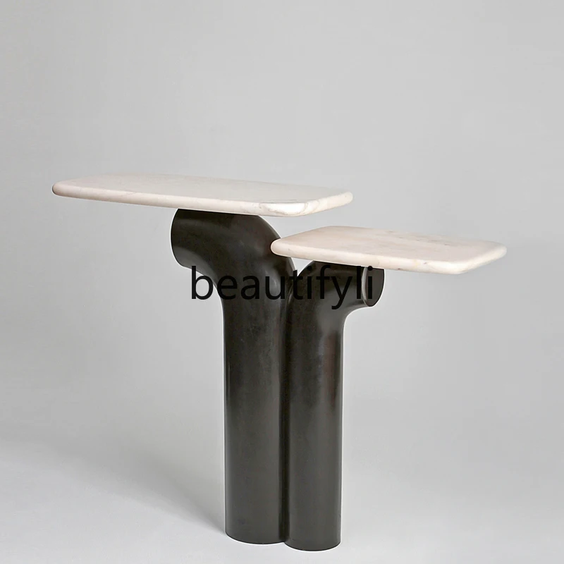 

Creative marble entrance table Nordic long narrow table Light luxury entrance platform Travertine wall narrow table