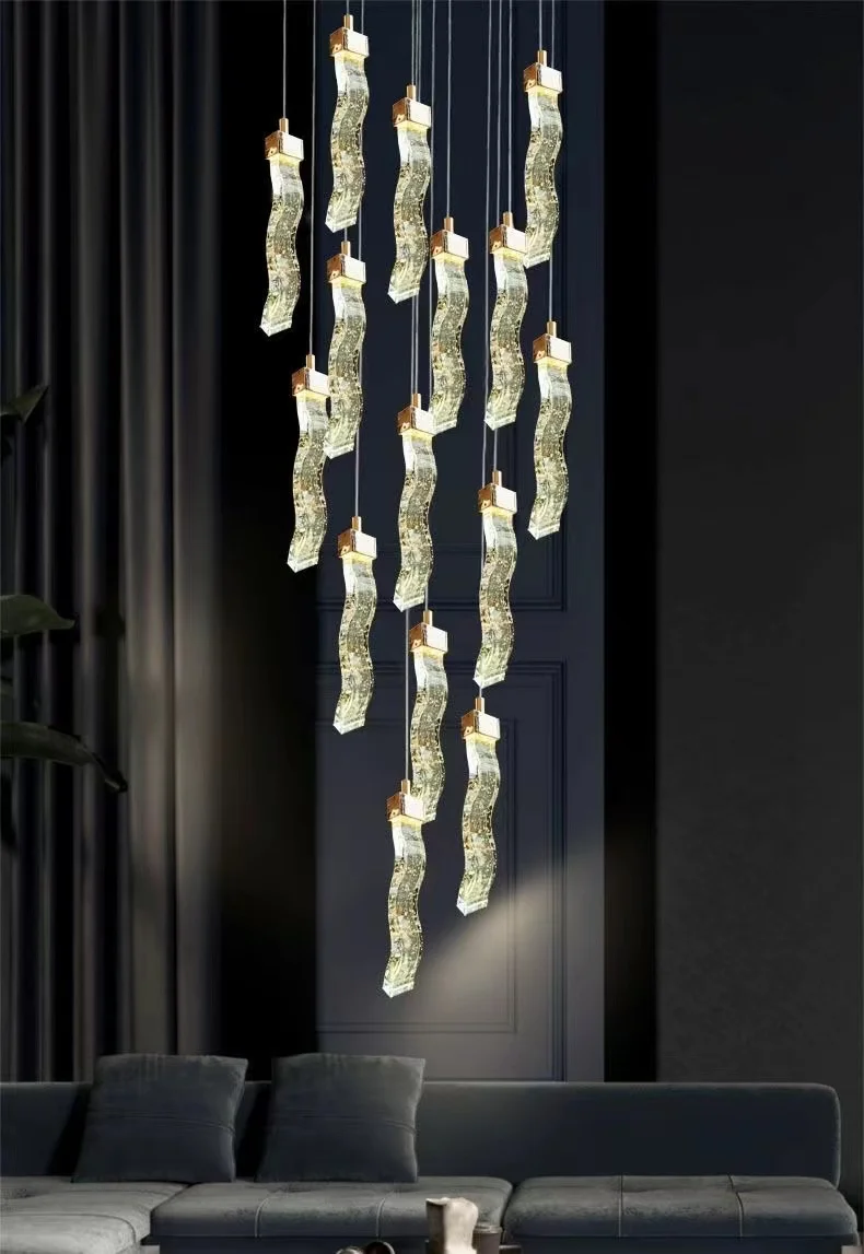 Crystal staircase pendant light, new postmodern minimalist villa, high-rise, duplex, spiral staircase long pendant light