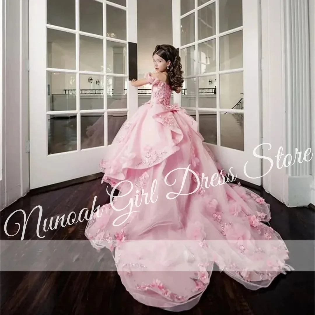 Pink Princess Girl Birthday Party Ball Gowns with Floral Lace Appliques Floor Length Flower Girl Dresses For Wedding Customized