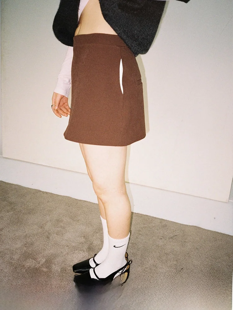 

Brown Versatile A-Line Skirt Women's Faion Retro Sle Stand Fit Casual Polyester Fiber mid Waist Design