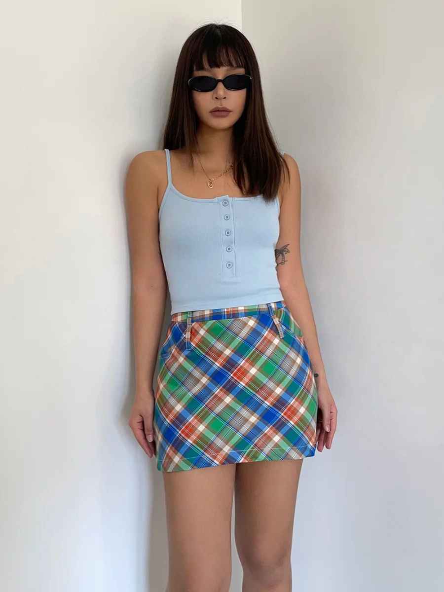 American Style Contrasting Dopamine Colored Checkered Skirt Women High Waist Slim Spicy Girl Wrap Buttocks Short Skirt F021