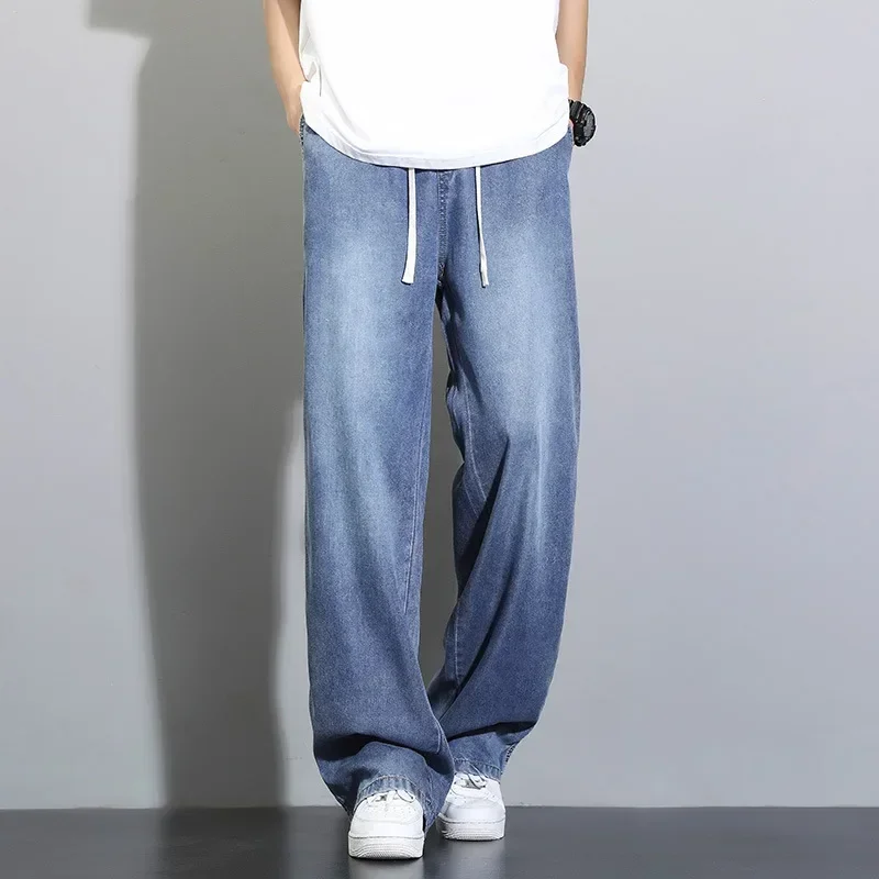 Japanese Style Tencel Drapey Men's Jeans, New Style Summer Thin Retro Loose Straight Tube Ice Silk Wide-leg Casual Trousers