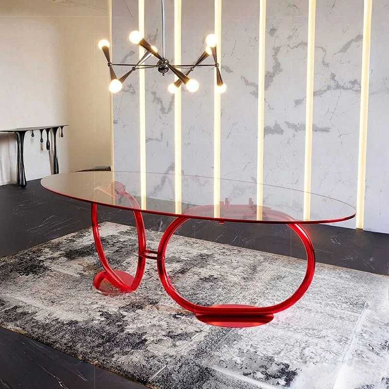 

Tempered glass dining table Home modern design Creative art Oval metal dining table Dining table