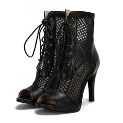 Zapatos de baile de Jazz de alta calidad para mujer, botines sexis de tacón alto con punta abierta y cordones, sandalias de baile para interior y exterior