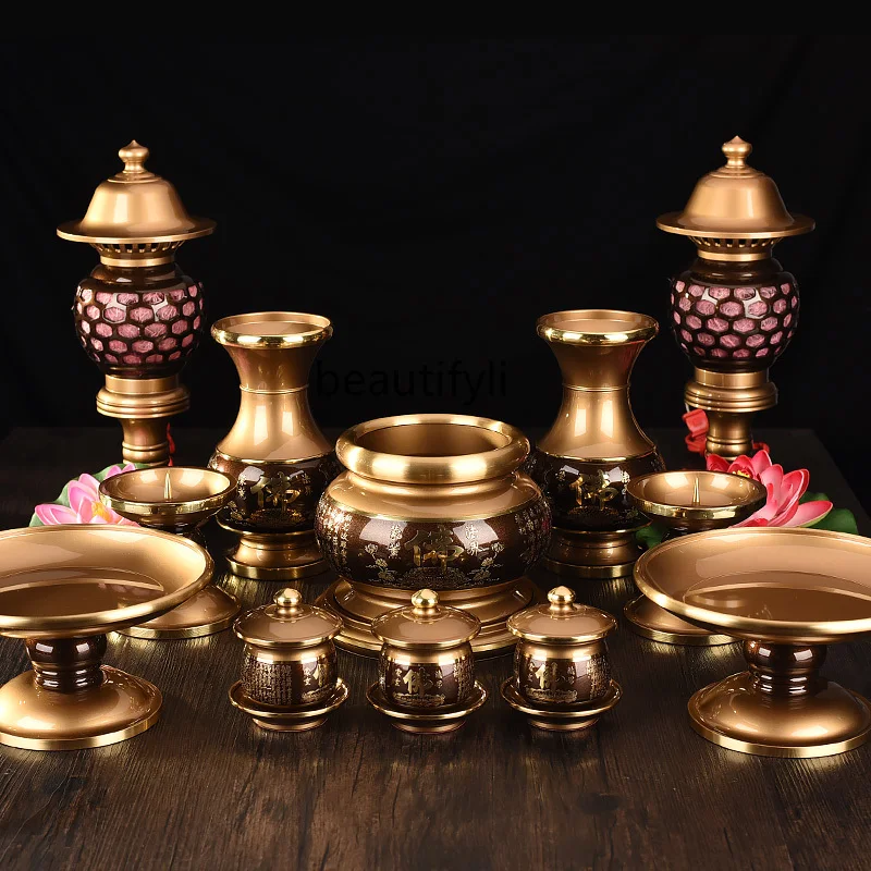 Pure Copper Two-Color Buddish Prayer Set Plate GD Censer Set Worship Vase Water Cup