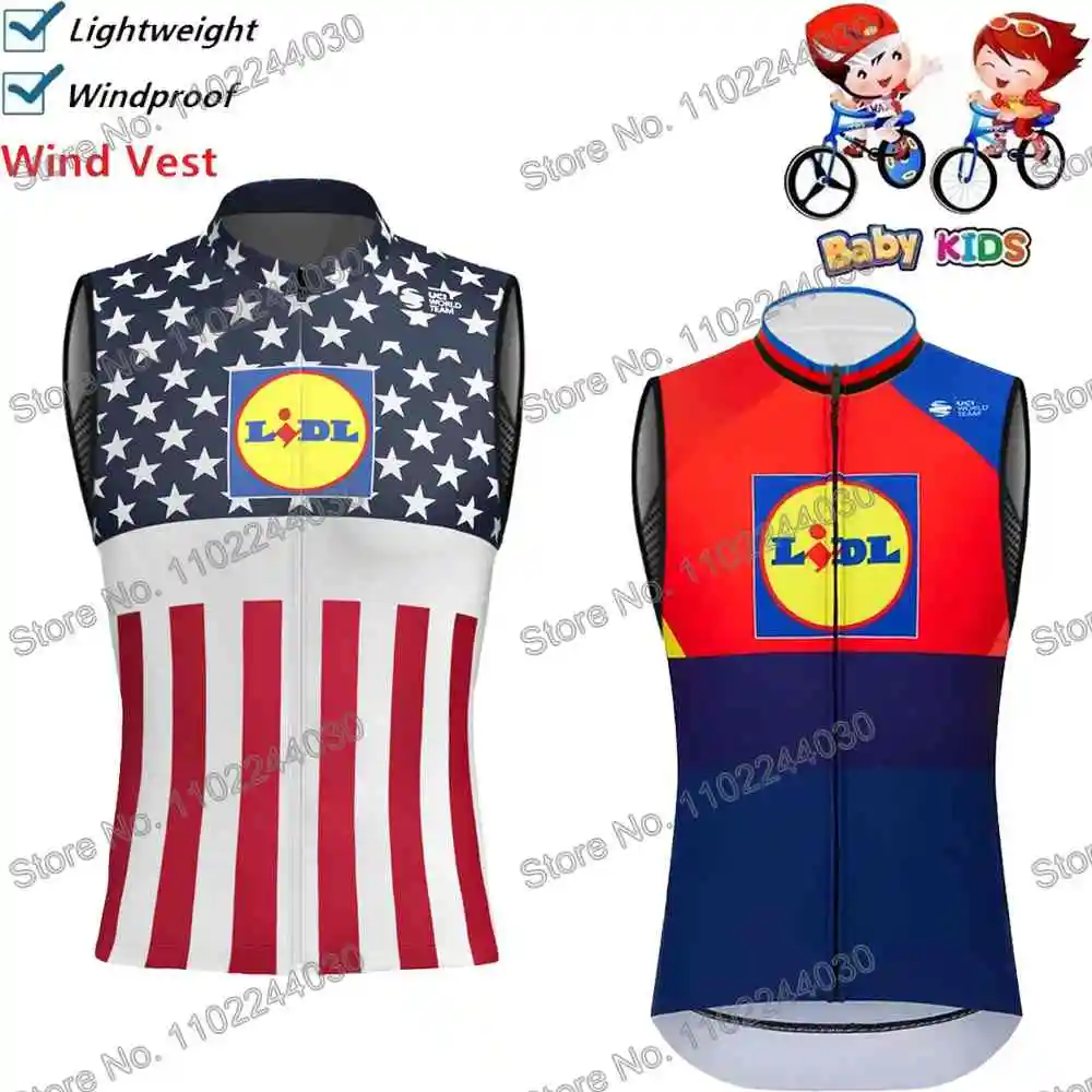 Niños Equipo Lidl EE. UU. 2025 Chaleco de ciclismo Cortavientos Verano Chaleco cortavientos Muchachos Maillot de bicicleta de carretera Sin mangas BTT Chicas Chaqueta de bicicleta Ropa de deporte