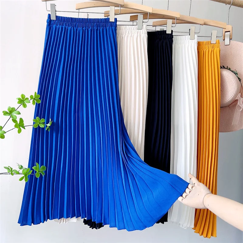 

Spring Summer Midi Long Pleated Skirt Women 2024 New Elastic High Waist All-match Skirt Female Vintage Chiffen Skirts