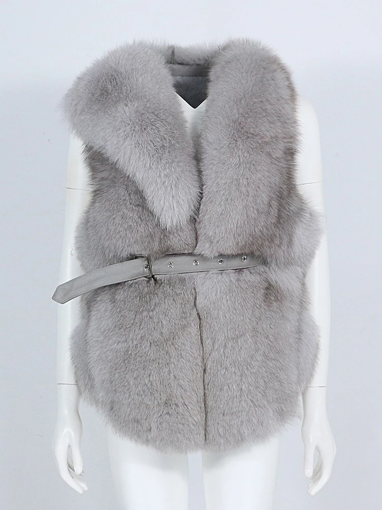 MENINA BONITA Winter Jacket Women Real Fur Vest Belt Coat Natural Big Fluffy Fox Fur Outerwear Streetwear Thick Warm Sleeveless