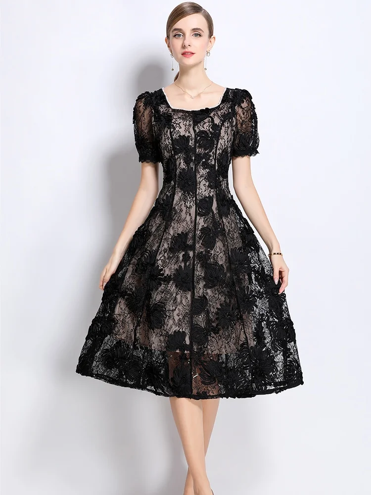 

Elegant Embroidered Three-Dimensional Flowers Long Dresses Women Summer Holiday Short Sleeve Fashion Retro Slim Party Vestidos