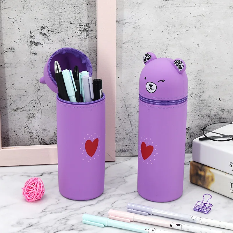 Portátil Silicone Cartoon Bear Pencil Case, Saco de armazenamento de papelaria, Pen Holder Container, Grande capacidade Desk Organizer, Bonito