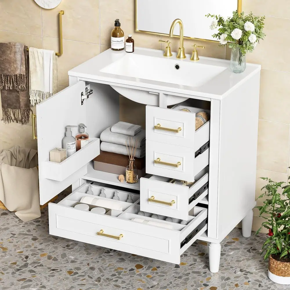 

30 Bathroom Vanity with Ceramic Sink, Modern Freestanding Bathroom Vanity Storage Cabinet with Sink Suite Set, Soft Closing Doo