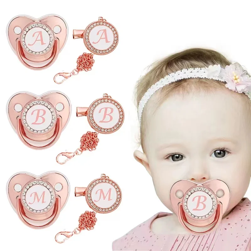 Custom baby silicone pacifier/rose gold 26 letter pacifier/chain clip+dust cover