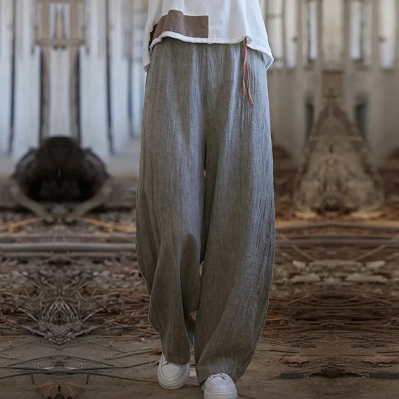 

Pop Elegant Women's Cotton Linen Baggy Cargo Pants Vintage Elastic Waist Yoga Trousers Loose Casual Long Wide Leg Oversize Cloth