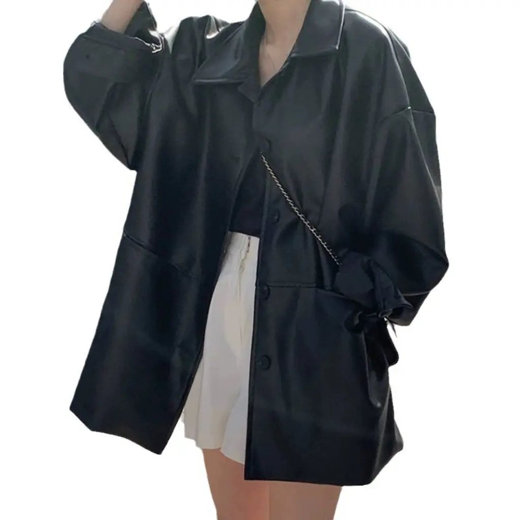 

Women's Spring Autumn Handsome Lapel Single-Breasted Leather Jacket Loose Casual Imitation Leather Trendy Top