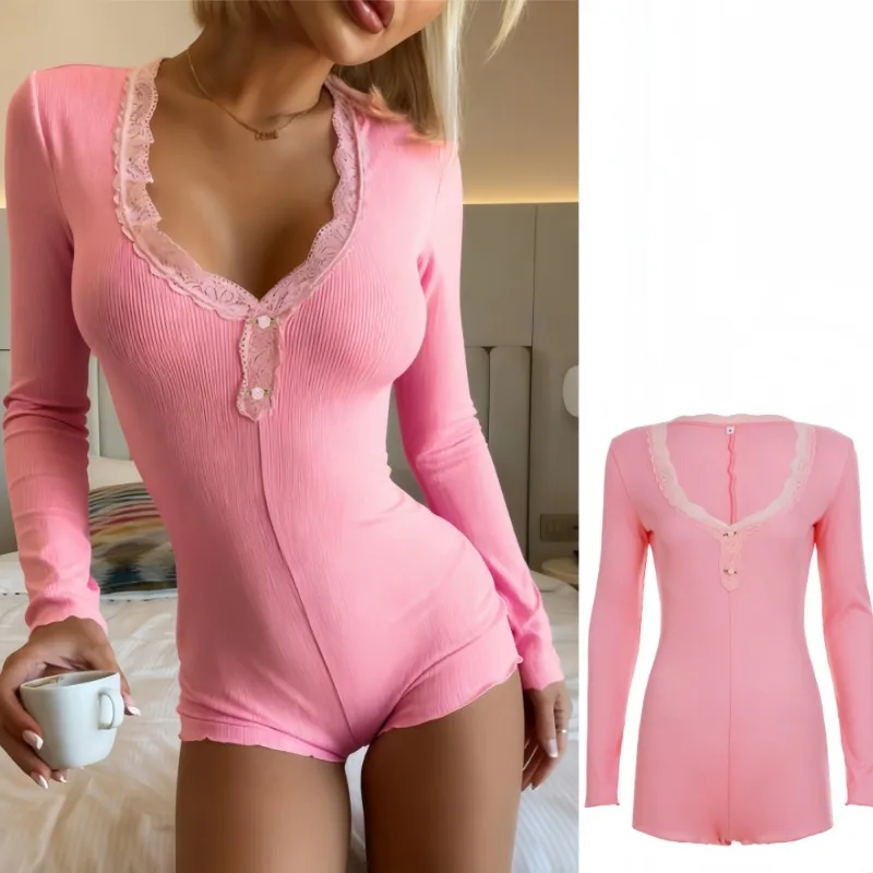 

FAGADOER Sexy Lace Patchwork Bodycon Rompers Woman Solid Color Deep V-neck Long Sleeve Jumpsuits Female Streetwear Overalls New