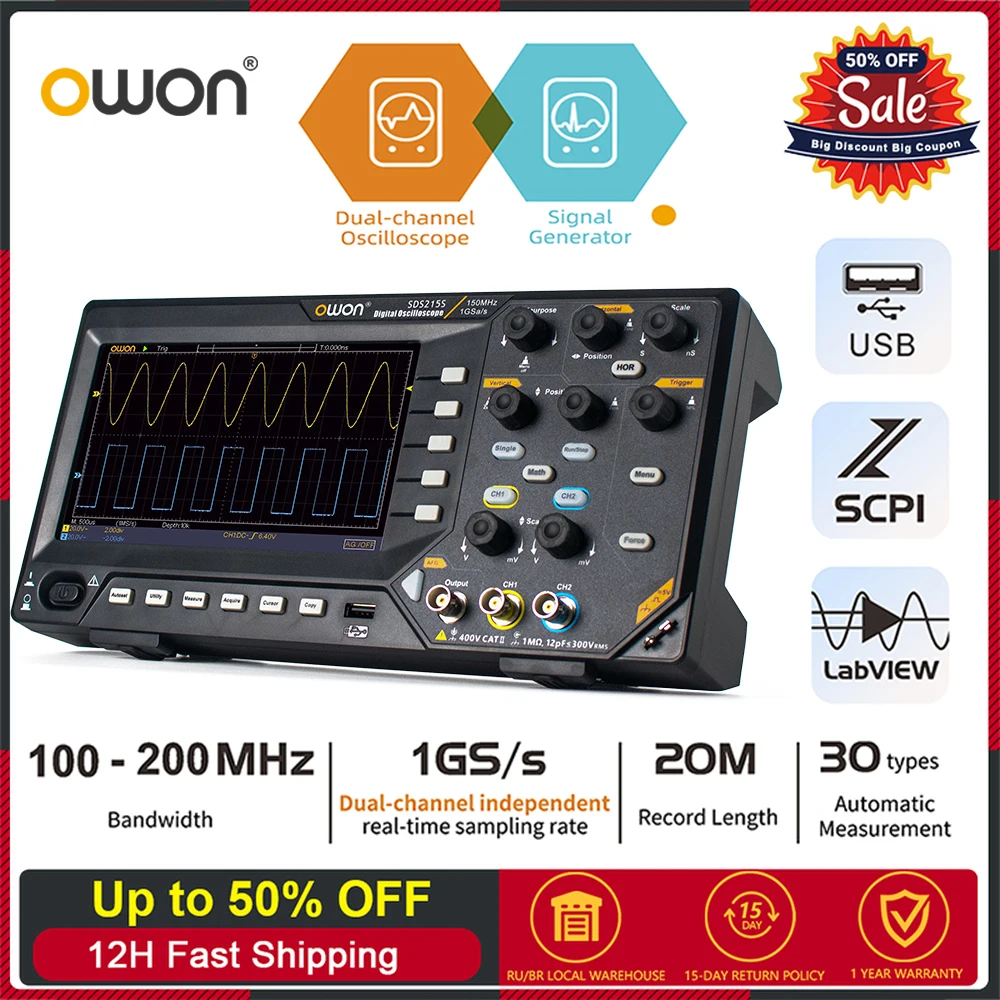 Owon Digital Oscilloscope SDS215 150Mhz 2CH 1GS/s 20M FFT+ SDS215S 25MHz 14Bit 125MSa/s Signal Generator Usb Oscilloscope