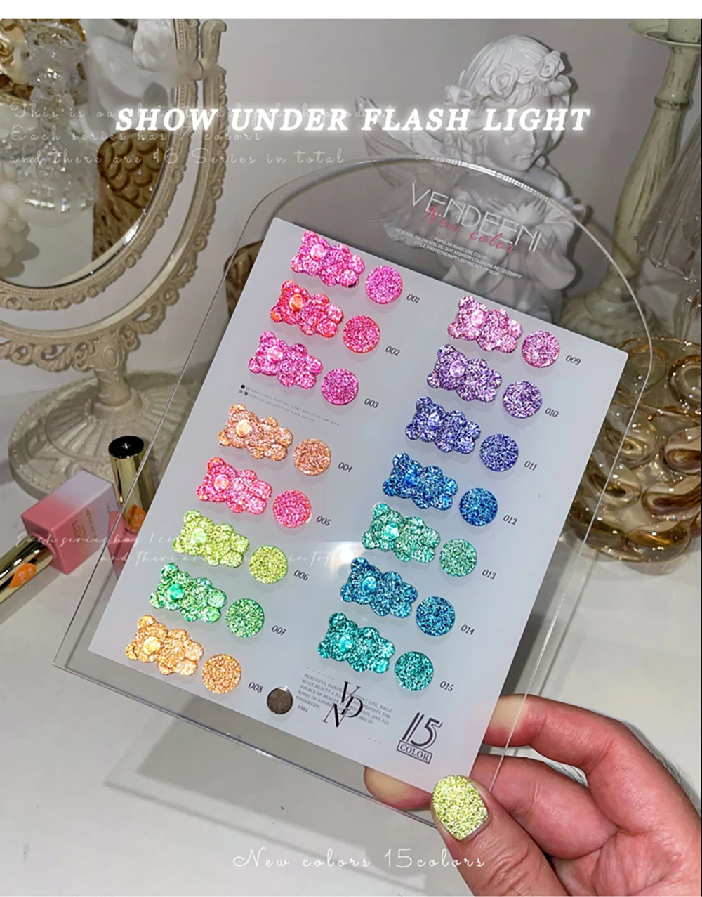 Vendeeni 15 Farben/Set Glitzer-Broken-Diamond-Gel-Nagellack, semi-permanenter UV-LED-Soak-Off-Gel-Lack mit Display – Detail 8