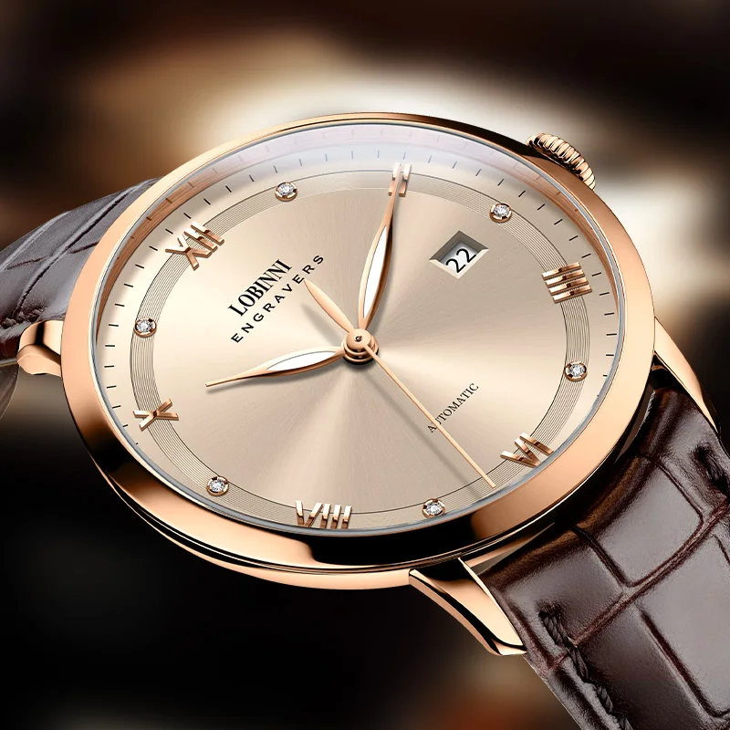 LOBINNI Fashion 41mm Men's Dress Watch Male Rose Gold Color Luminous 5Bar Waterproof Automatic Watches
