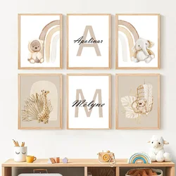 Nordic Custom Baby Name Posters Cartoon Little Bear Rabbit Letters Wall Art Canvas Painting and Print Picture Kids Bedroom Decor