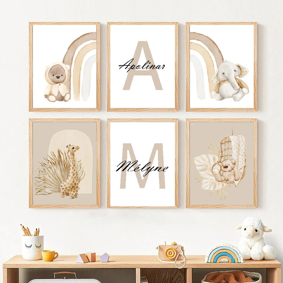 Nordic Custom Baby Name Posters Cartoon Little Bear Rabbit Letters Wall Art Canvas Painting and Print Picture Kids Bedroom Decor