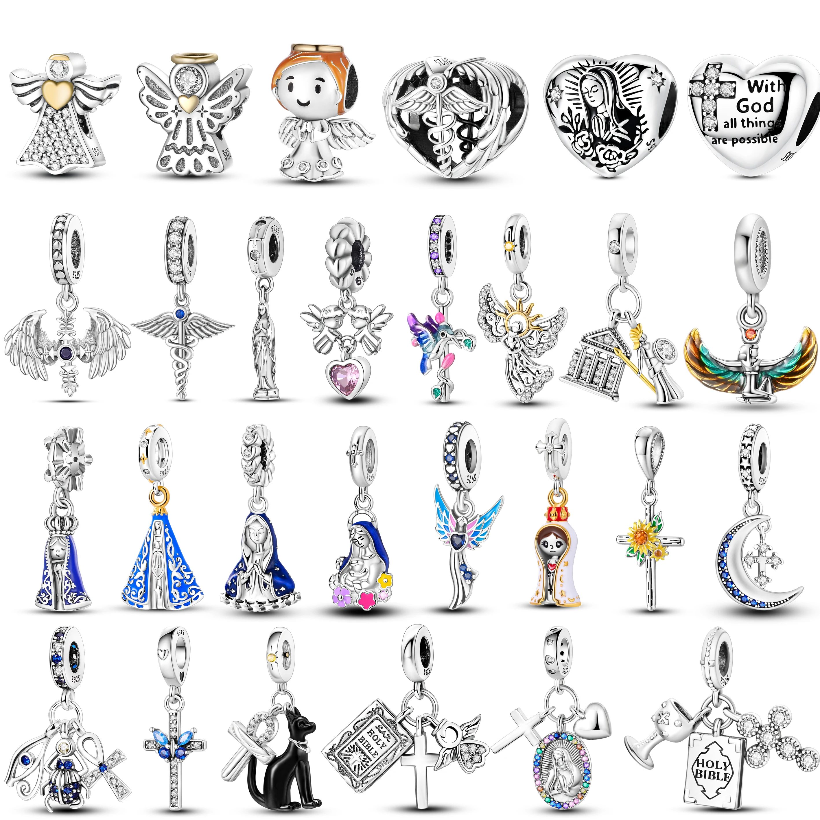 925 فضة الصليب الكتاب المقدس الدين الملاك قزم الخرز دلايات معلقة مجوهرات يناسب 925 الأصلي سوار Diy بها بنفسك هدية للنساء
