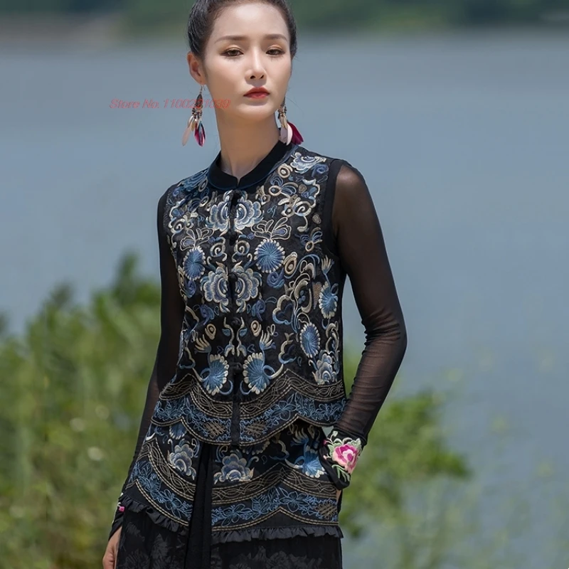 

2024 national flower embroidery vintage vest chinese traditional stand collar folk vest oriental hanfu tops sleeveless jacket