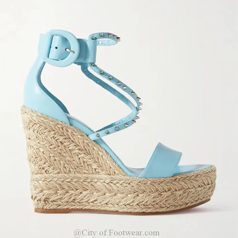 Rockstud Platform Espadrilles Sandals Women Summer Wedge Leather Ankle Strap High Heels Baby Blue Luxury Designer Party Shoes