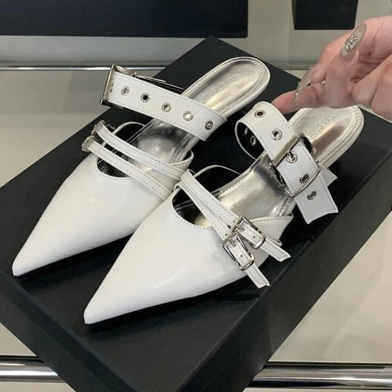 

Дизайн с пряжкой на ремне, женские шлепанцы на высоком каблуке, туфли-лодочки с острым носком, новые летние модные элегантные сандалии, женские тапочки, туфли-лодочки