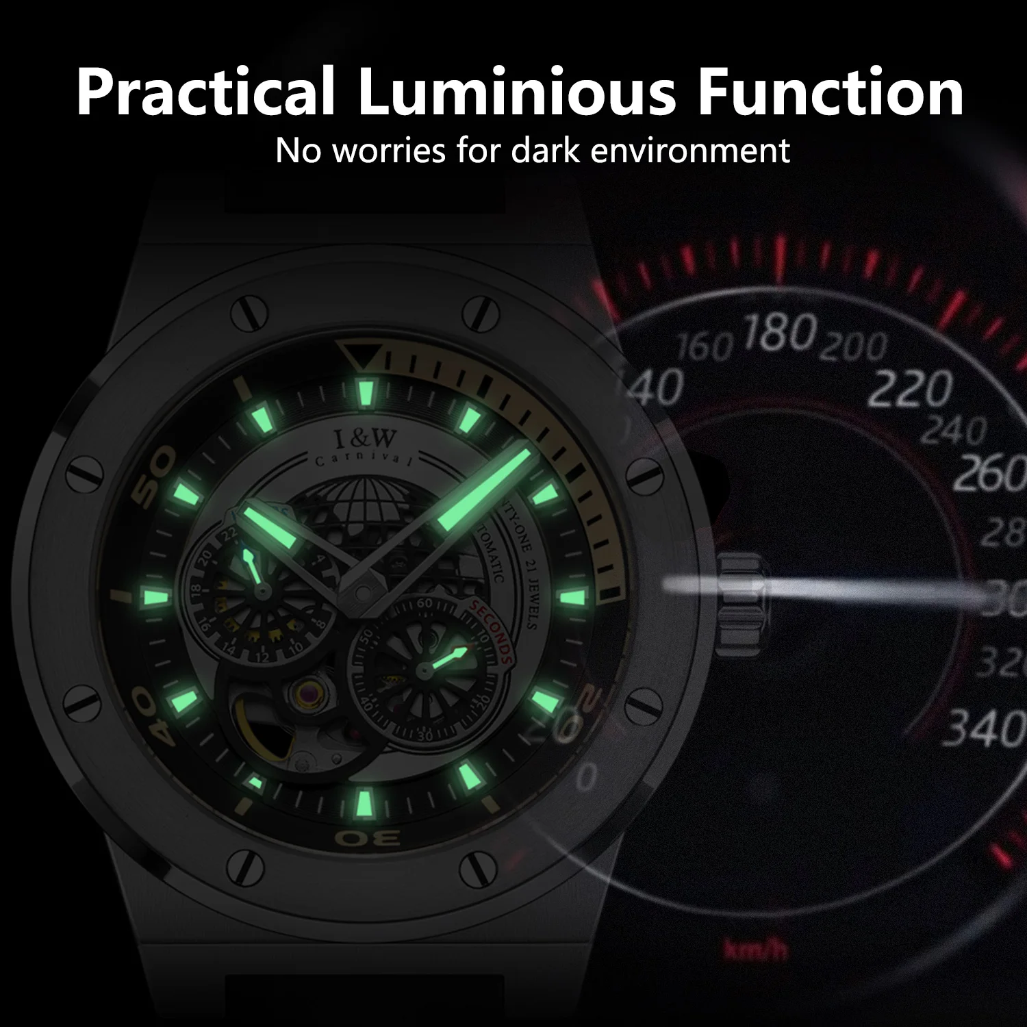 Mens Automatic Watches,42mm Pilot Watch,Mechanical Wristwatch Sapphire Luminous Skeleton Rubber Strap Military 24 Hours