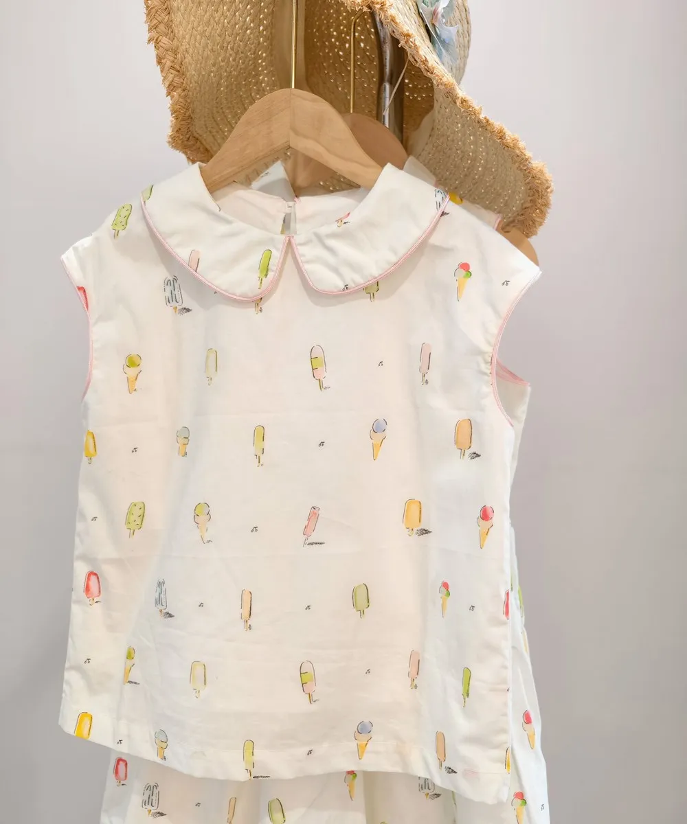 

Spring Summer Girl's T-shirt ice cream print Sweet girls' sleeveless vest doll collar Cute vacation style top