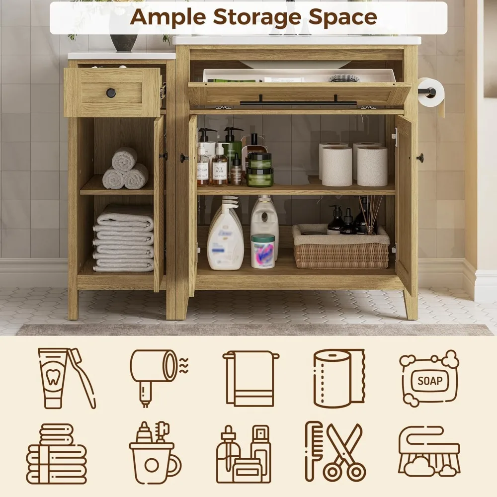 خزانة حمام قائمة بذاتها مقاس 30 بوصة مع خزانة تخزين وحوض سيراميك ودرج قابل للطي وإغلاق ناعم #5