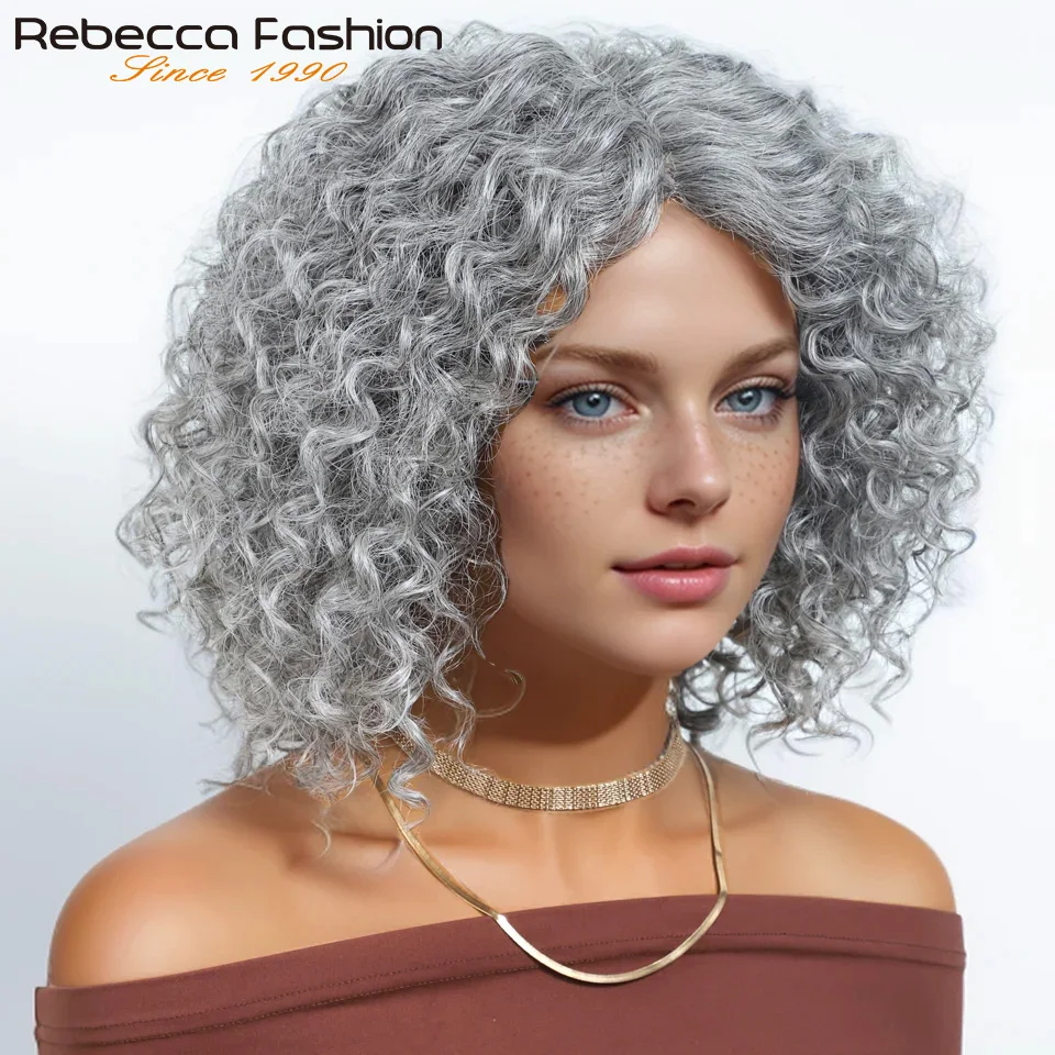 

Silver Grey Kinky Curly Short Bob Middle Part Lace 100% Human Hair Wigs For Women Brazilian Remy Hair Salt and Pepper Hair Wig
