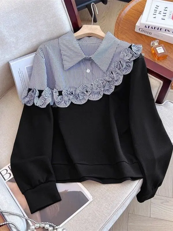 Striped irt oulder Patchwork Women's Sweatirt Spring 2026 New Sle Loose Fit Long Sve ort Length  Collar