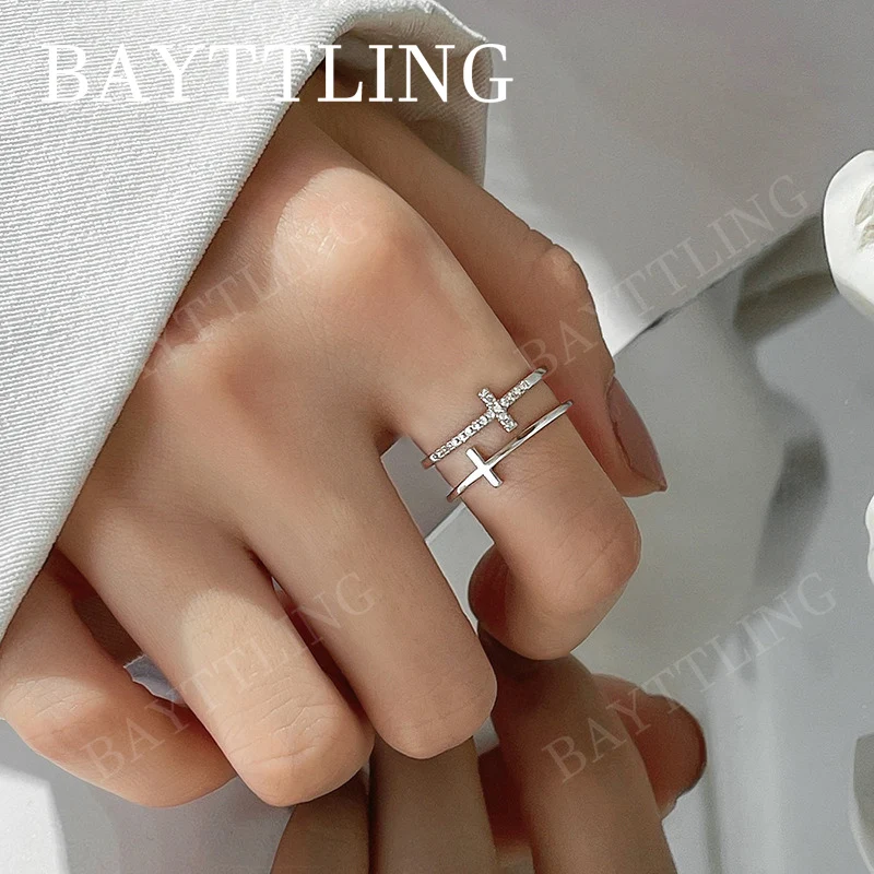 

Очаровательное открытое кольцо из стерлингового серебра 925 пробы/золото с крестом и цирконом для женщин, модный подарок на день рождения, ювелирные изделия на Рождество