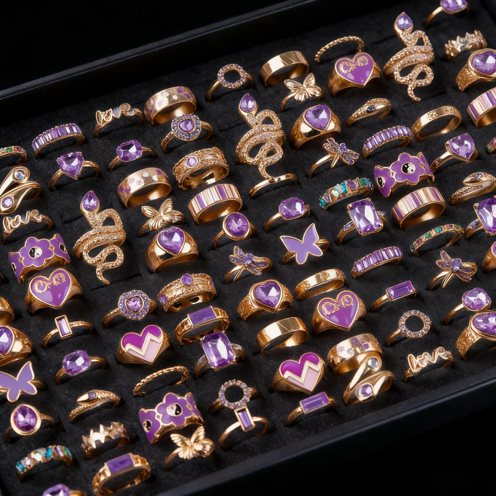 6/12/24/Pieces Fashion Purple Rheinstone Rings Set For Women Mix Snake Heart Love Spakling Jewelry Party Gifts