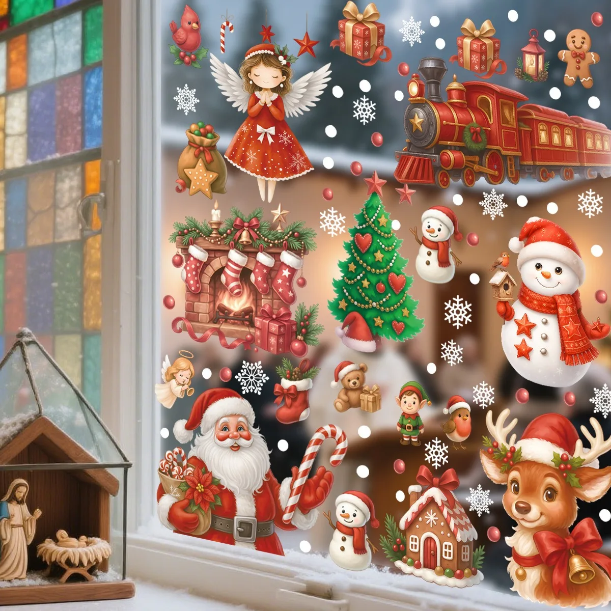الكرتون الرنة ثلج ندفة الثلج ملصقات نافذة عيد الميلاد ملصقات كهرباء عيد ميلاد سعيد ديكور نويل سنة جديدة سعيدة