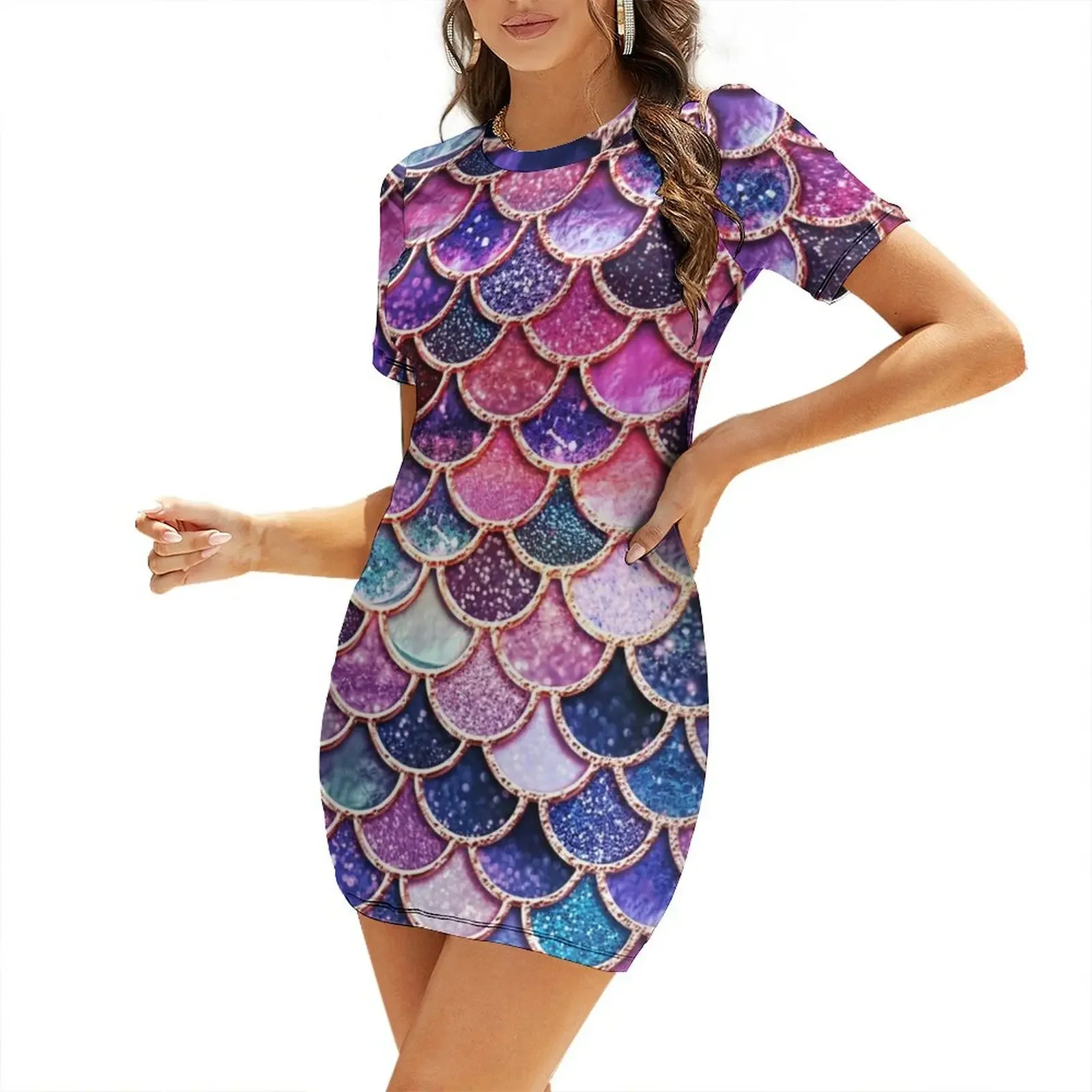 

Pink Sparkle Faux Glitter Mermaid Scales Short-Sleeved Dress dress for women Dress women beach outfits for women