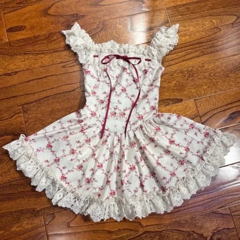 Elegant Sweet Lace Floral A-line Dresses Women Spring New Slim Waist Sleeveless Vest Y2k Dress Vestidos Womens Clothing